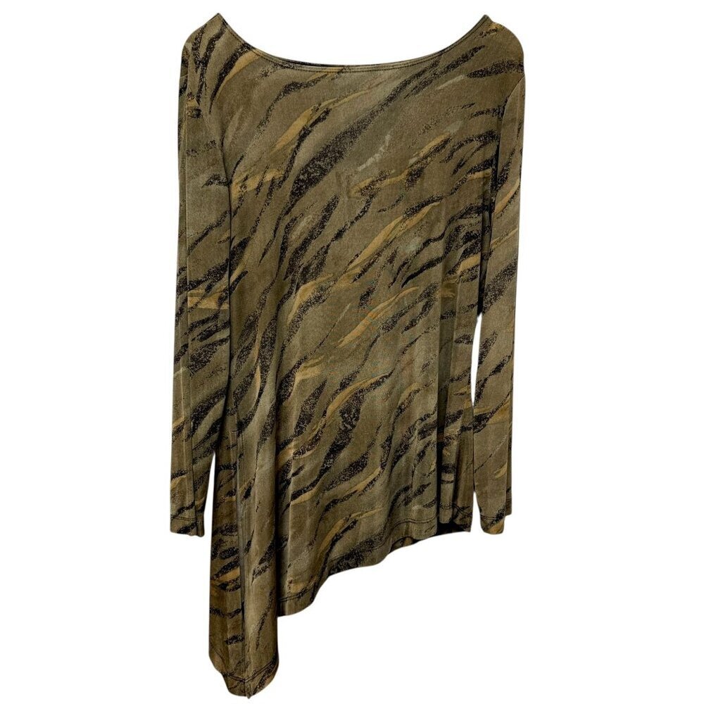 CHICO'S Travelers Womens Top Large Stretch Slinky Olive Green Asymmetric Hem VTG
